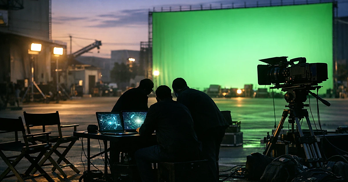 Empty film studio with silhouetted figures at laptops near green screen, traditional cameras sit unused in shadows