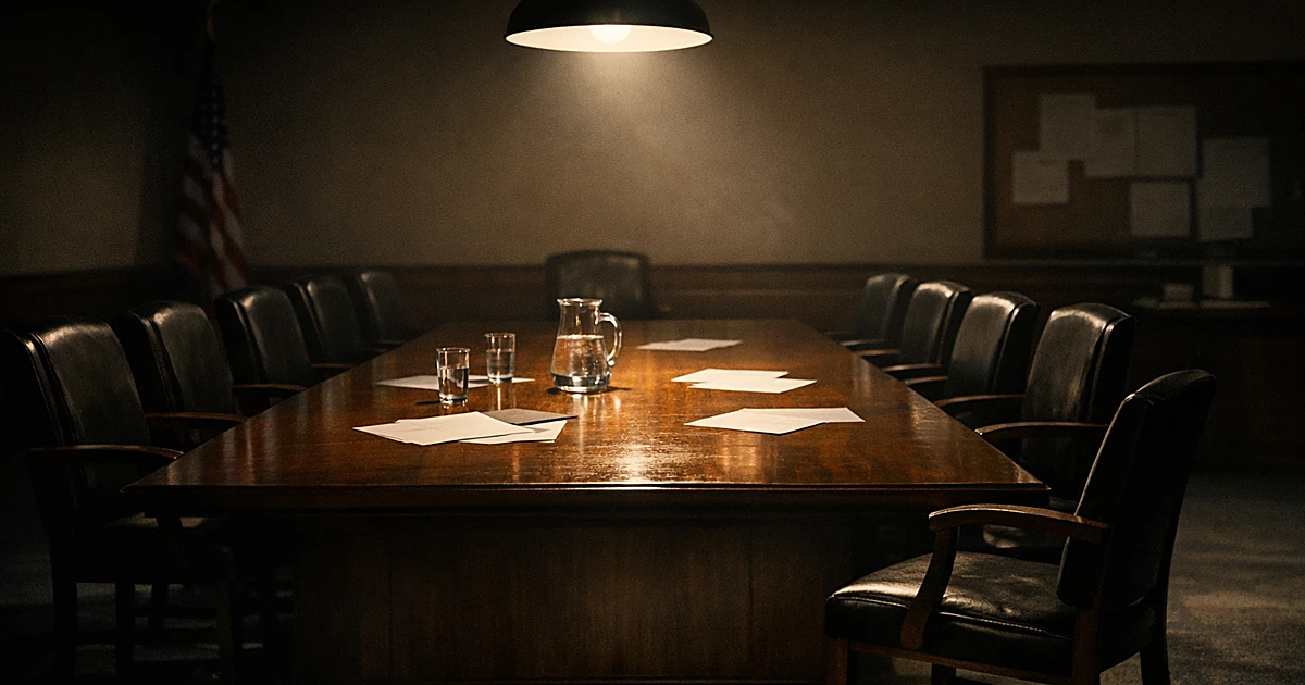 Empty jury deliberation room with one chair pulled away from table, suggesting a holdout juror's isolation