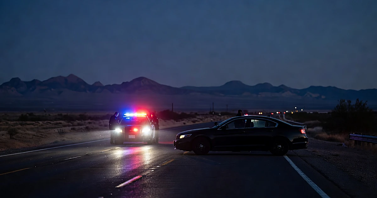 Police emergency lights reflecting on wet highway pavement during nighttime traffic stop in Arizona desert