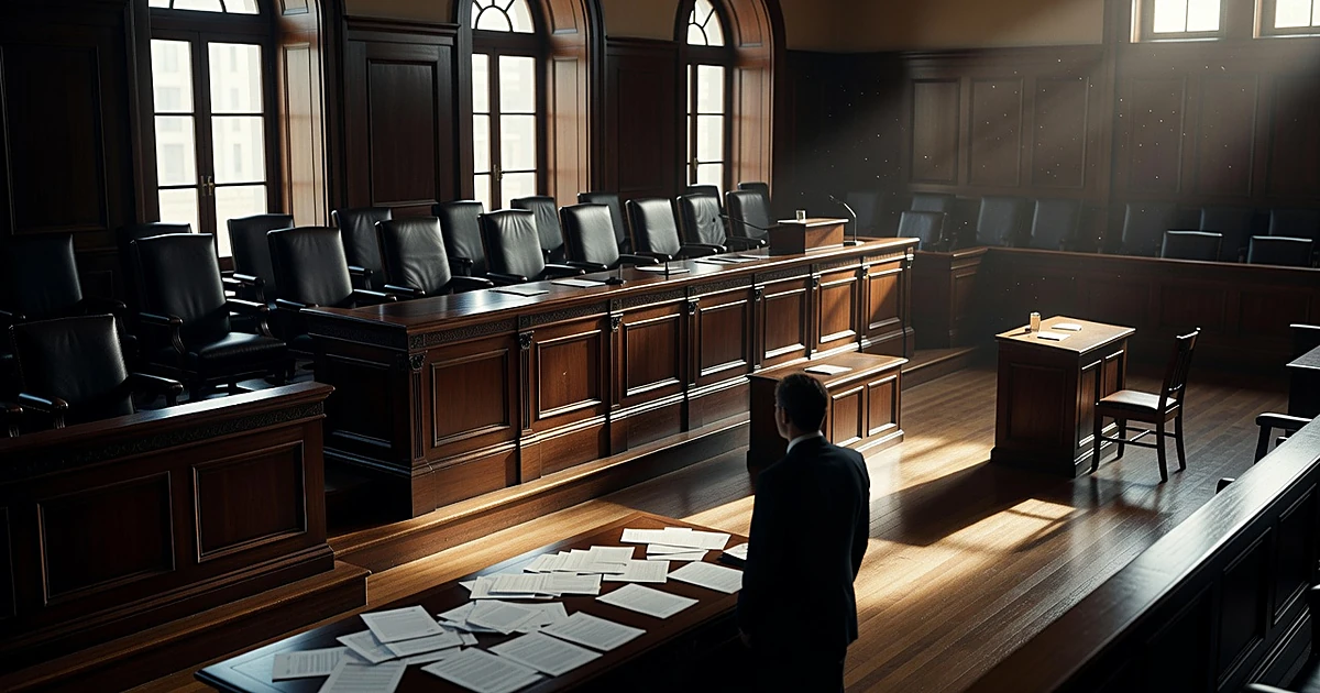 Empty federal courtroom with judicial bench, scattered legal documents, and silhouetted attorney figure