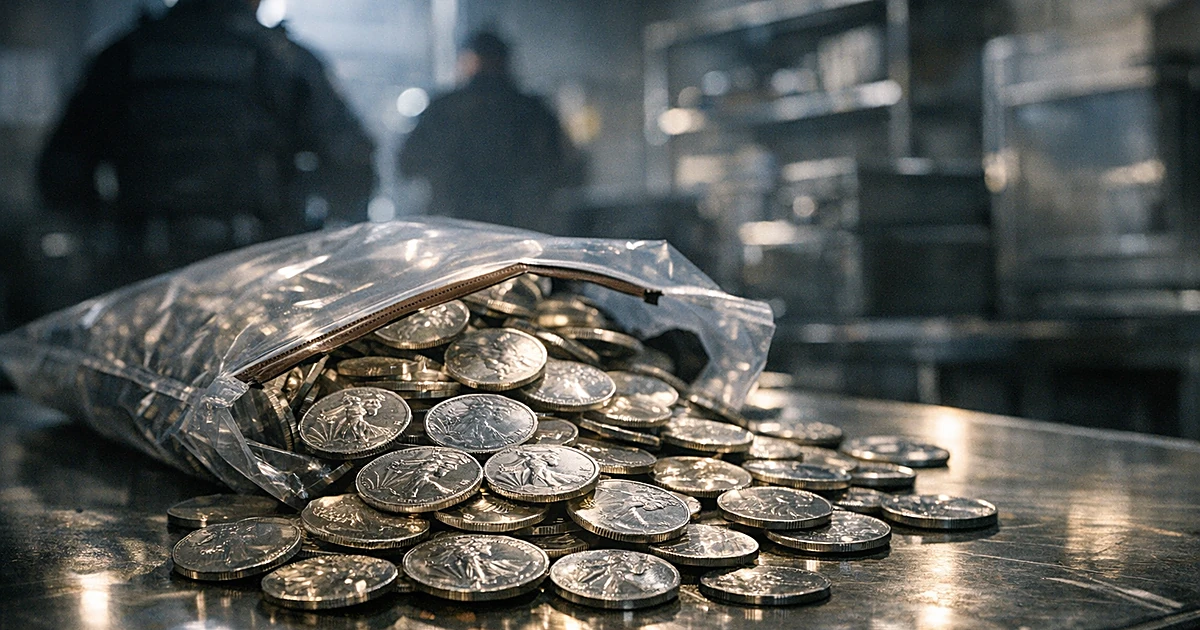 American silver coins spilled from evidence bag on metal examination table in police facility