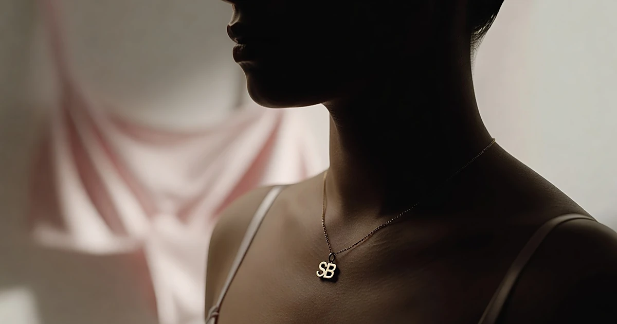 Close-up of gold initial necklace on neck against pale pink fabric background in soft natural light