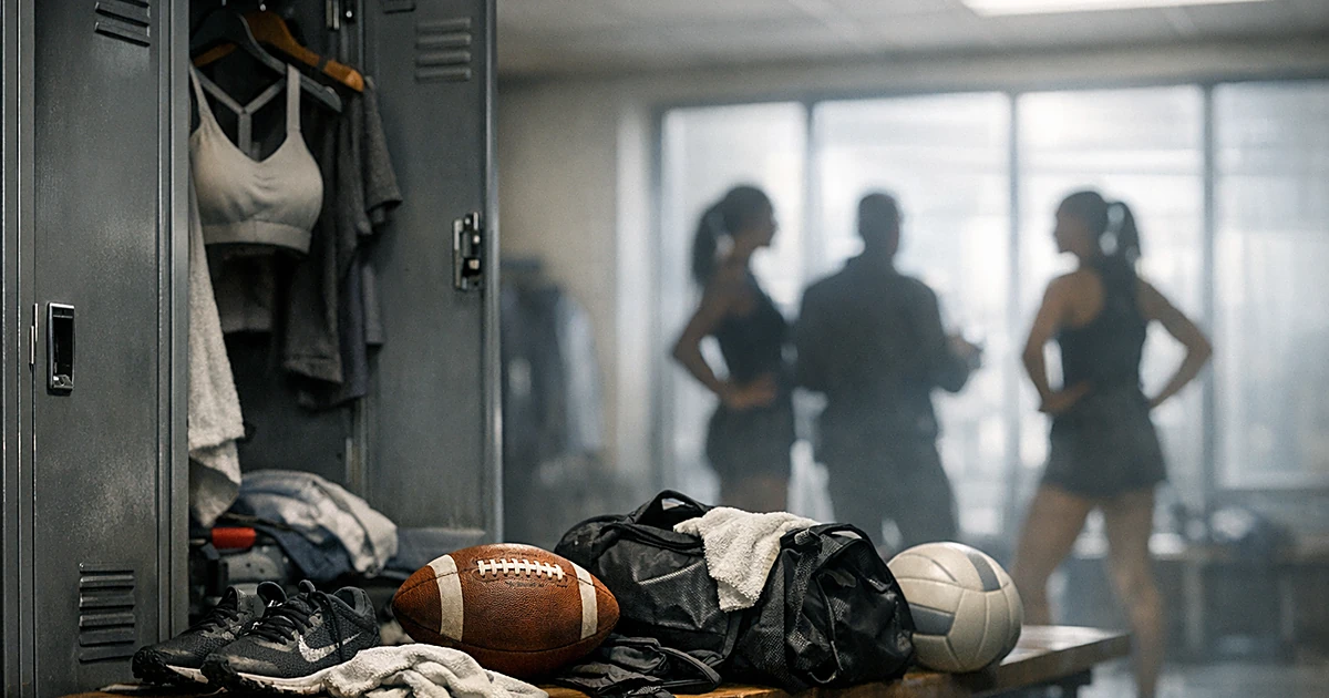 Empty sports locker room with athletic gear and silhouetted figures in background discussion