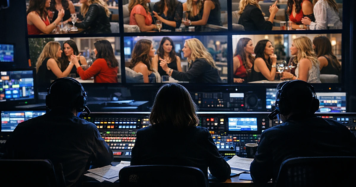 Reality TV production control room with monitors and silhouetted crew members at mixing console