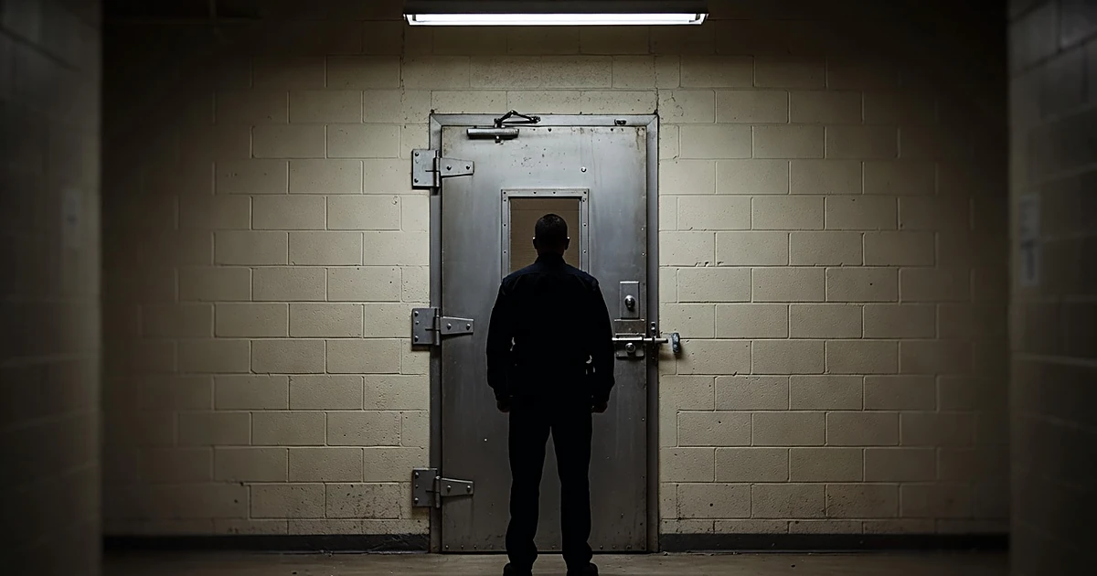 Police station interior with silhouetted figure facing metal security door in institutional corridor