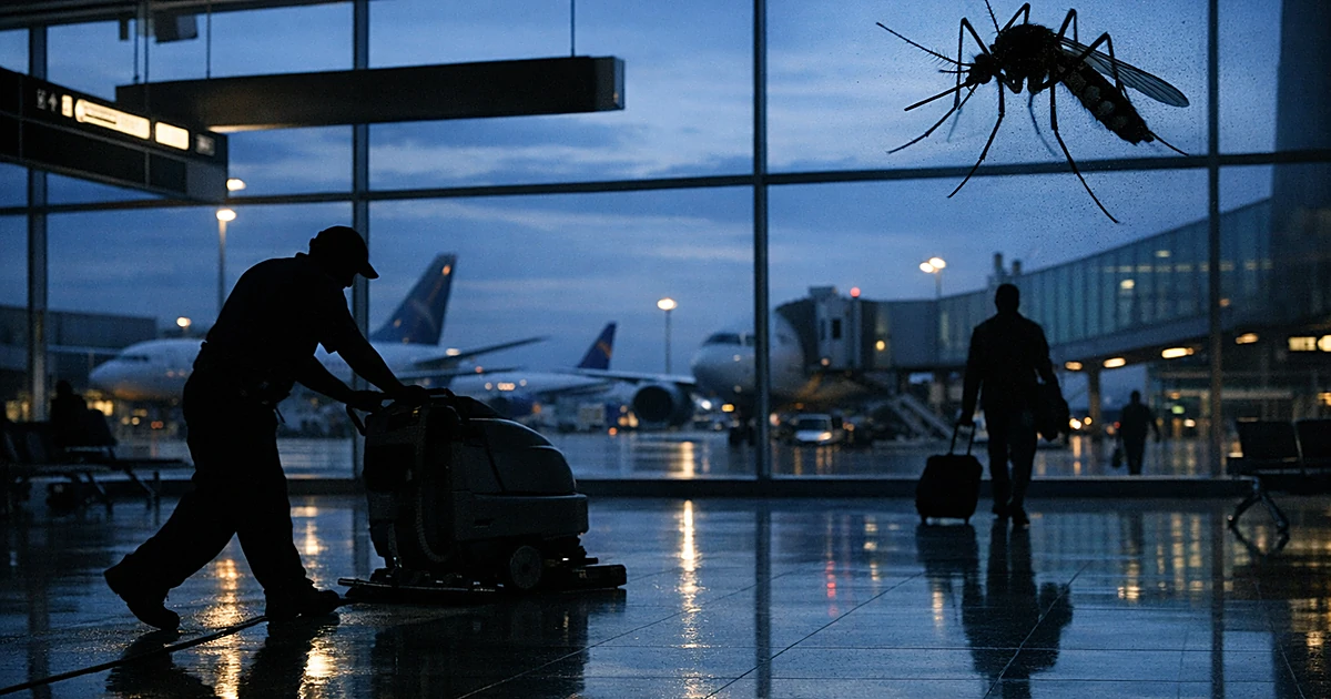 Empty airport terminal at dusk with silhouetted worker cleaning floors and aircraft visible through windows