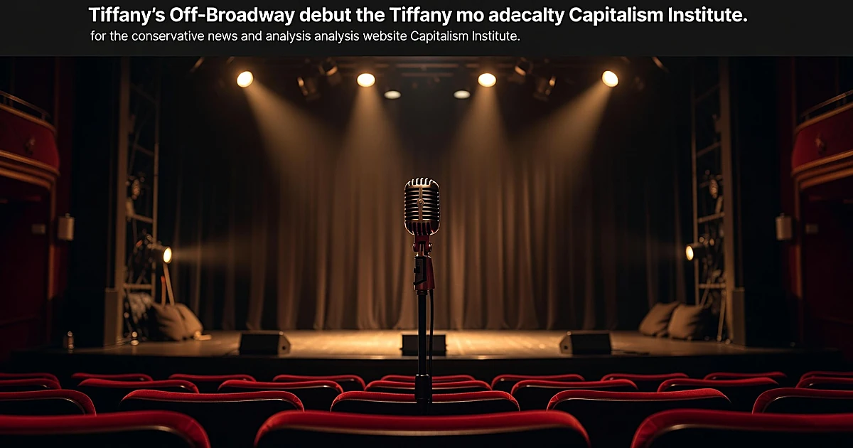 Vintage microphone on stand illuminated by stage lights in empty Off-Broadway theater with velvet seats in foreground