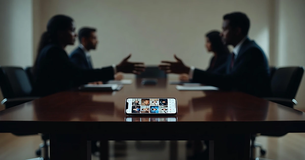 Smartphone displaying social media video grid on table with silhouetted hands reaching toward it in background