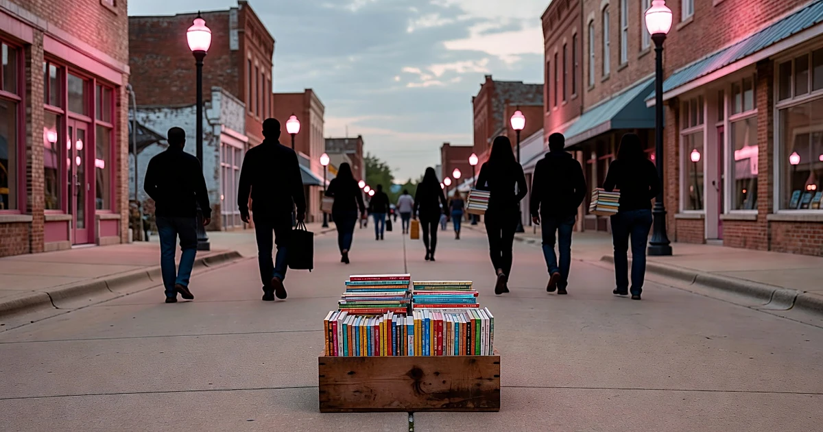 Small-town street illuminated by pink lights with donation box of children's books in foreground at dusk