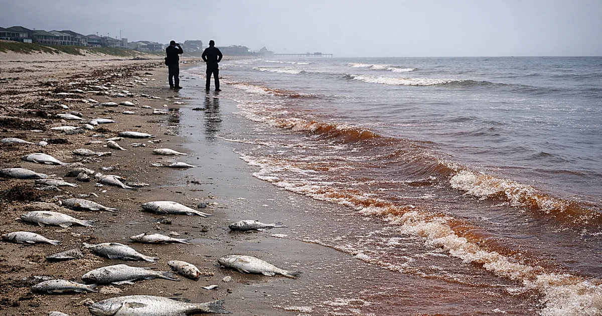 Dead fish scattered across Texas beach with discolored reddish water from algae bloom along empty Gulf Coast shoreline