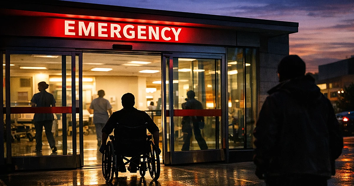 Hospital emergency entrance at dusk with silhouetted figure in wheelchair entering through automatic doors