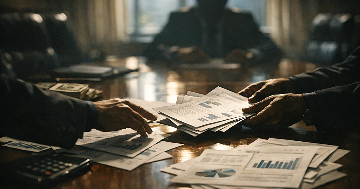 Silhouetted hands sliding financial documents across corporate boardroom table with dramatic lighting