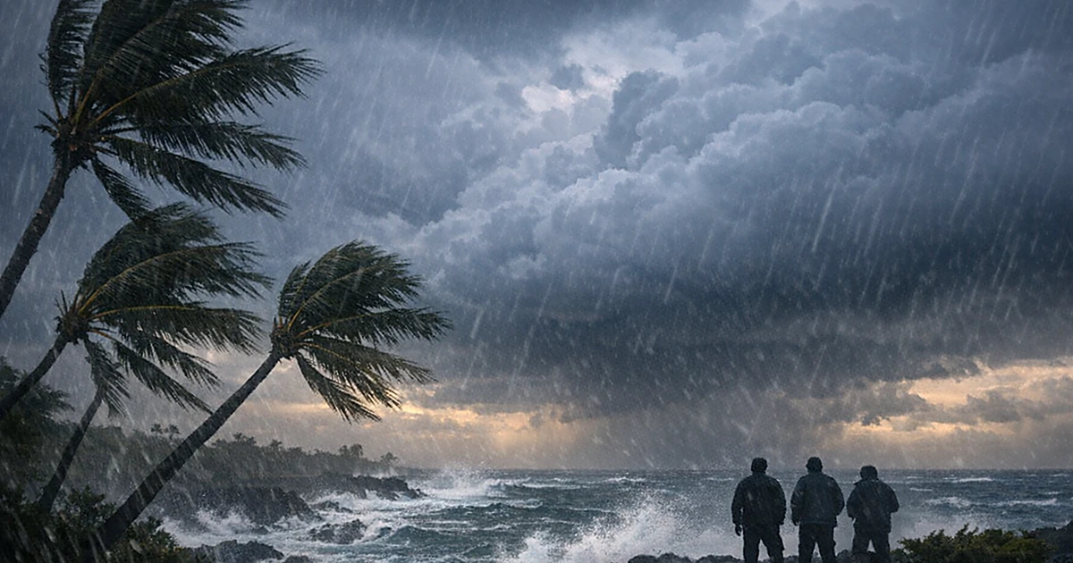 Palm trees bending in powerful winds as dark storm clouds approach over the Pacific Ocean in Hawaii