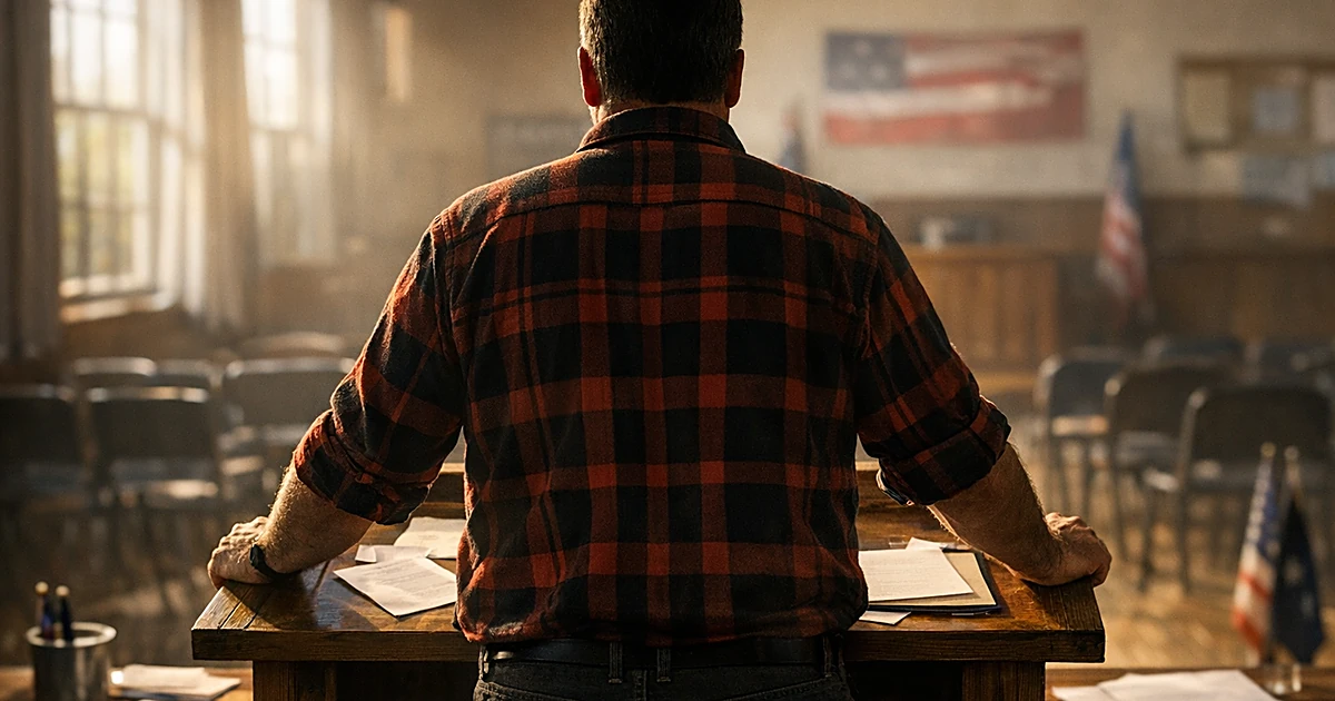 Silhouetted figure at wooden podium in Maine town hall with scattered campaign materials and afternoon window light