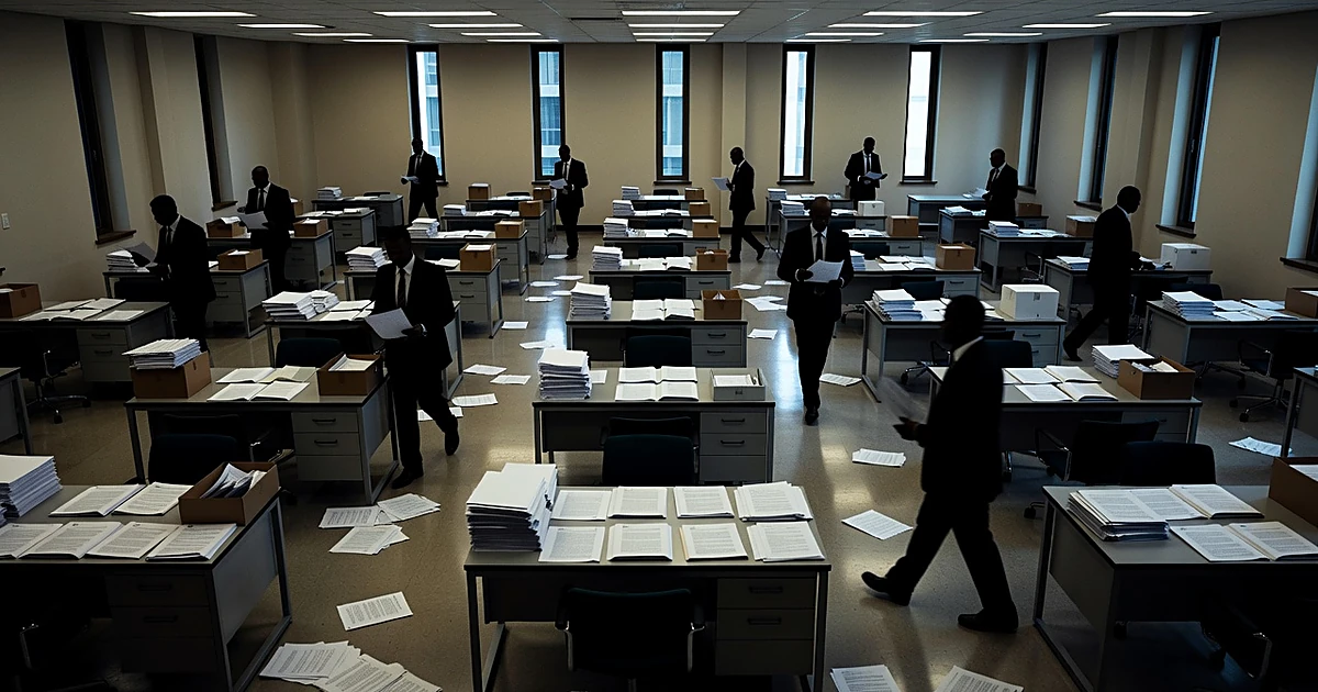 Wide view of government office with scattered budget documents on desks and silhouetted workers moving through space