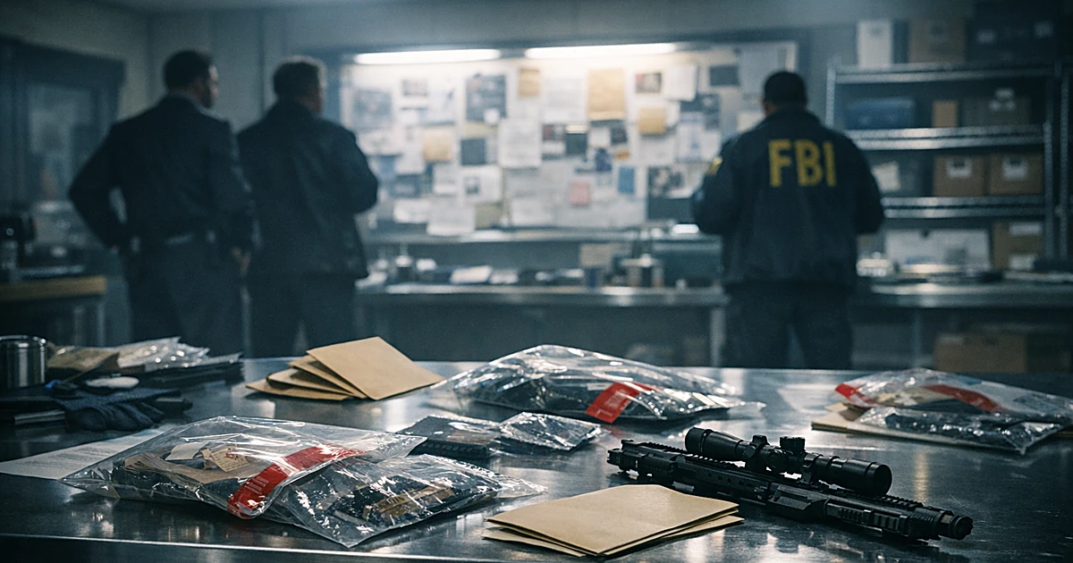 FBI evidence examination room with steel table, evidence bags, and silhouetted investigators reviewing materials