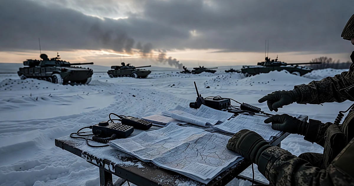 Military field operations table with maps overlooking winter battlefield at dusk with distant vehicles and artillery