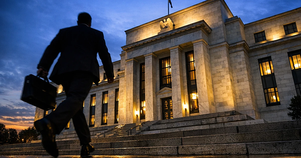 Federal Reserve building exterior at dusk with silhouetted figure walking away from entrance