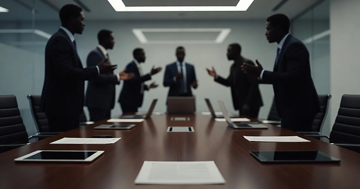 Boardroom table with documents as silhouetted executives discuss in background