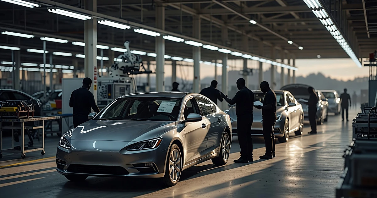 Automotive assembly line with new cars and worker silhouettes under industrial lighting at manufacturing facility