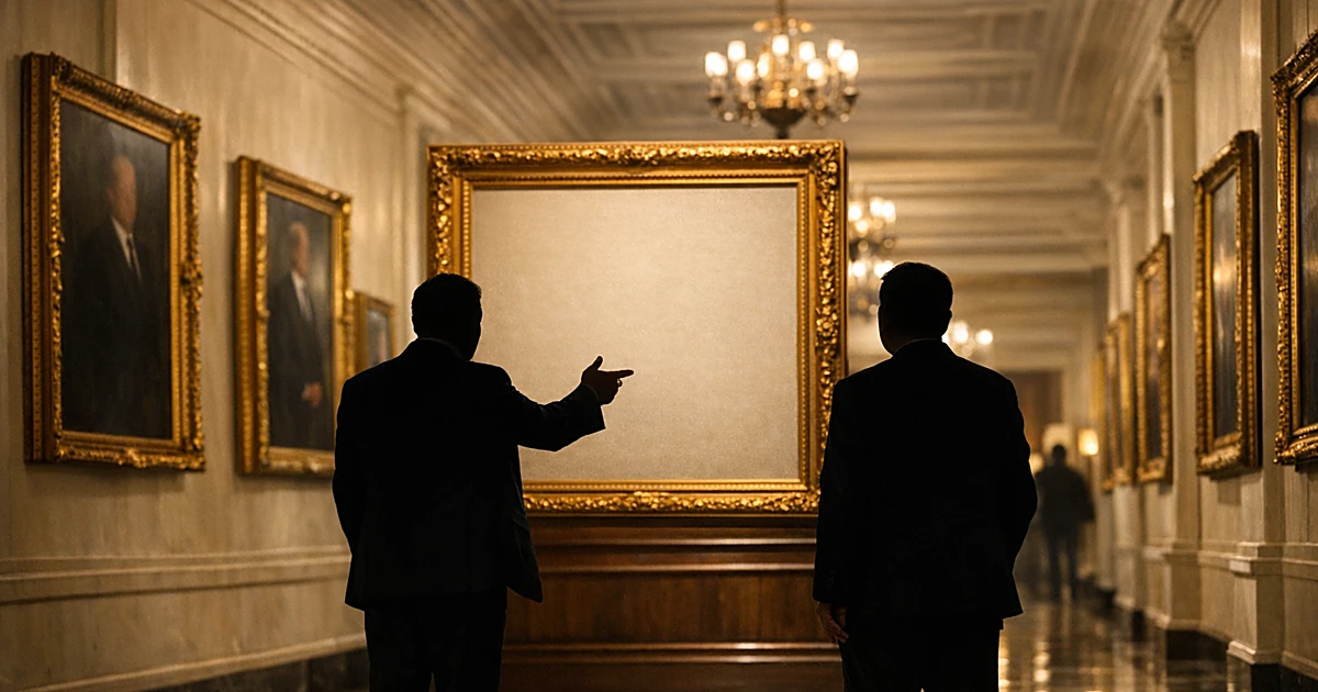 Two silhouetted figures standing in an ornate White House corridor with gilded frames on walls