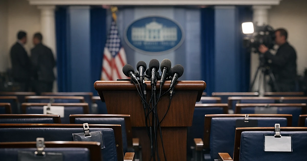 Empty White House press briefing room with podium and microphones, several front-row chairs missing press credentials