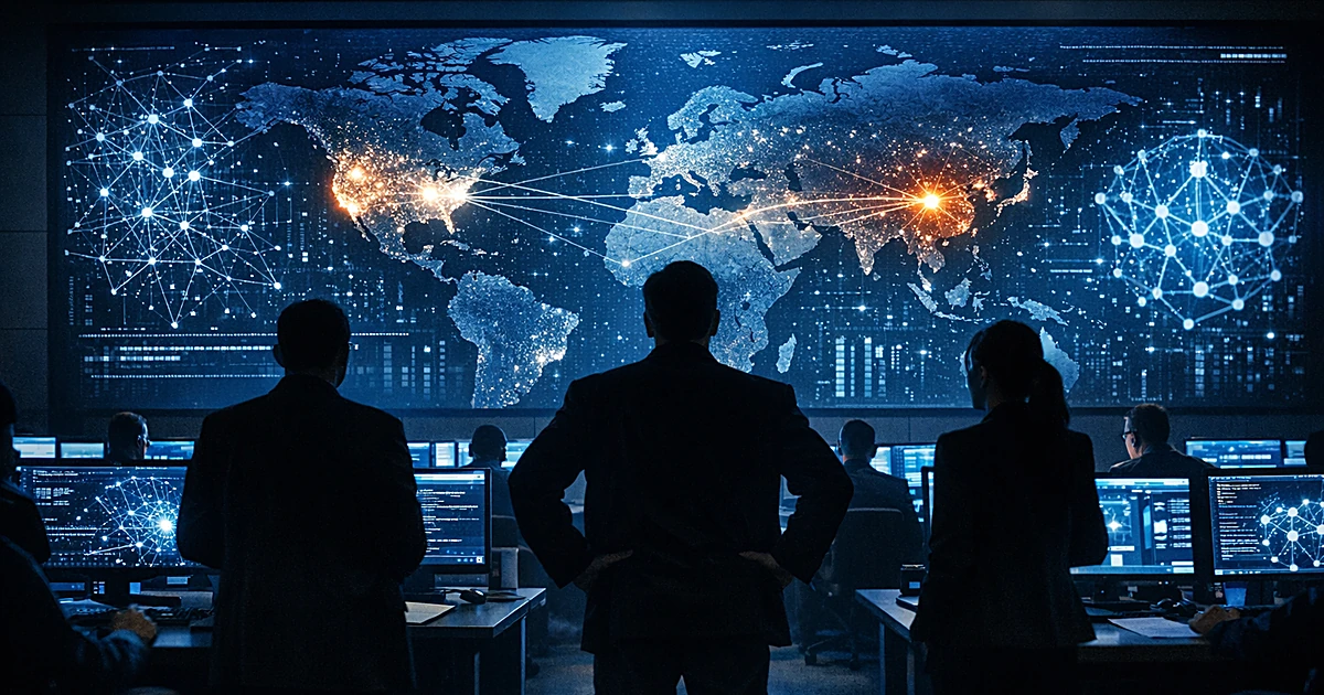 Military operations center with silhouetted figures viewing illuminated world map display showing data networks
