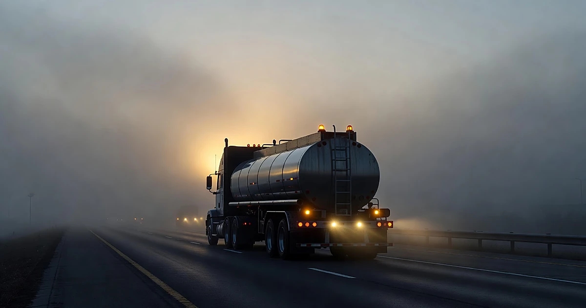 Diesel tanker truck driving through foggy highway at dawn with glowing lights