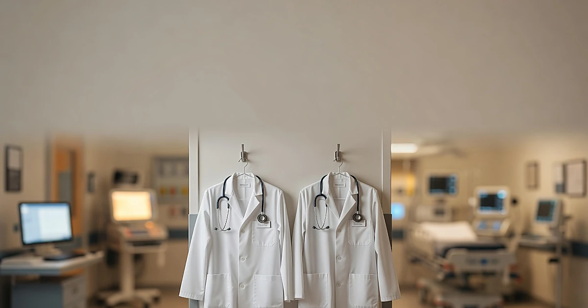 Two identical white medical coats hanging side by side in hospital emergency department staff area