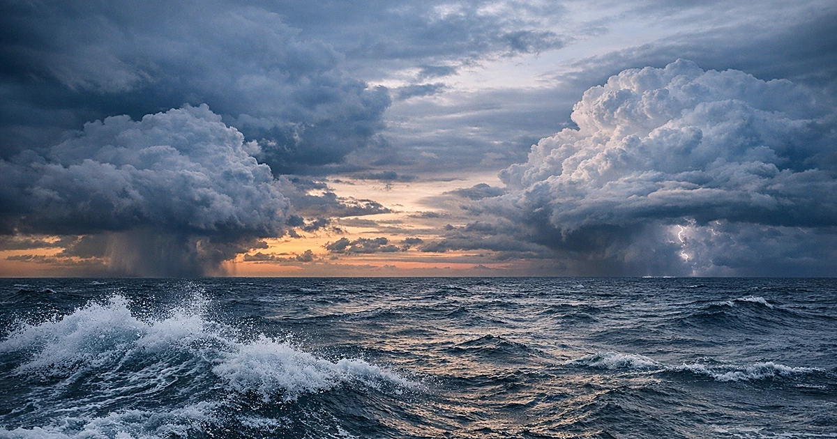 Atlantic Ocean waters with distant storm cloud formations on horizon at dusk showing areas of tropical development