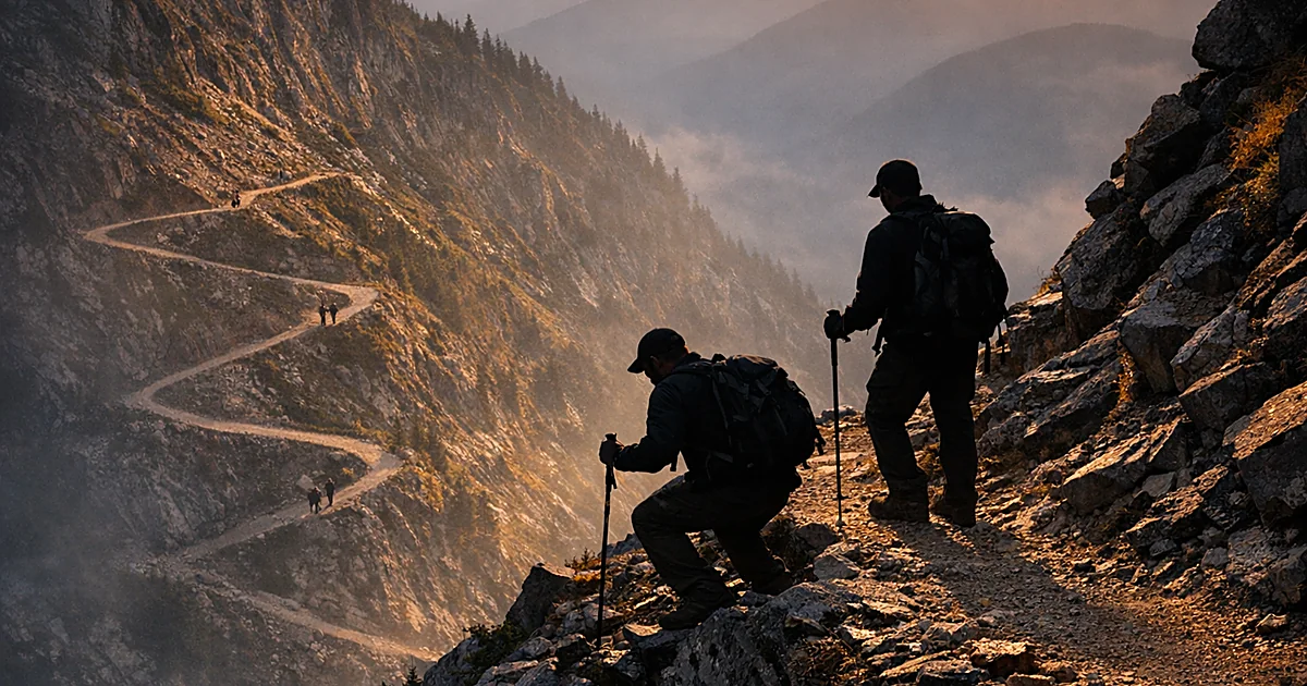 Steep narrow mountain switchback trail with exposed edges and sharp drop-offs at dusk