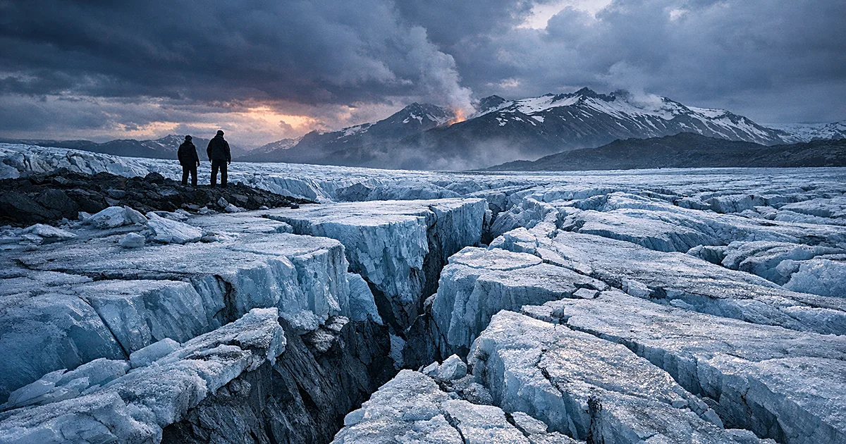 Fractured glacier surface with deep crevasses and distant volcanic peaks under stormy twilight sky
