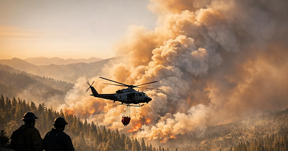 Firefighting helicopter silhouetted against smoke columns over Sierra Nevada forest during wildfire operations