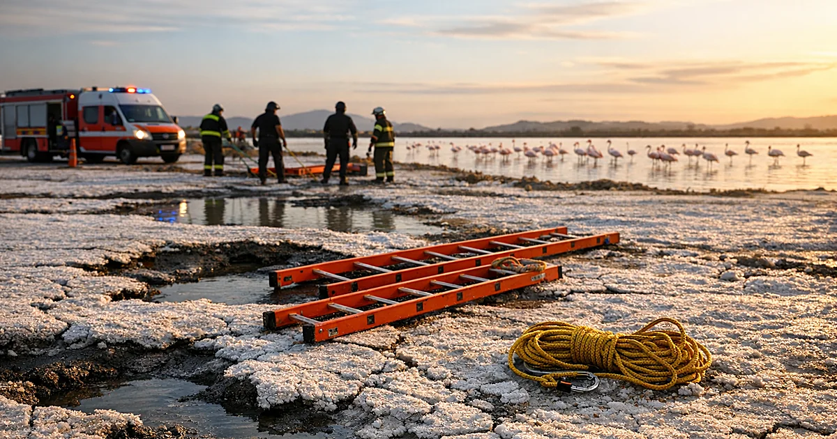 Emergency rescue ladders and rope laid across cracked salt pan surface with flamingos in distant water at sunset