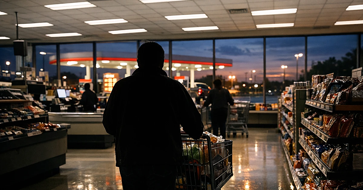 Silhouetted shopper with cart approaching grocery store checkout lane with gas station visible through windows