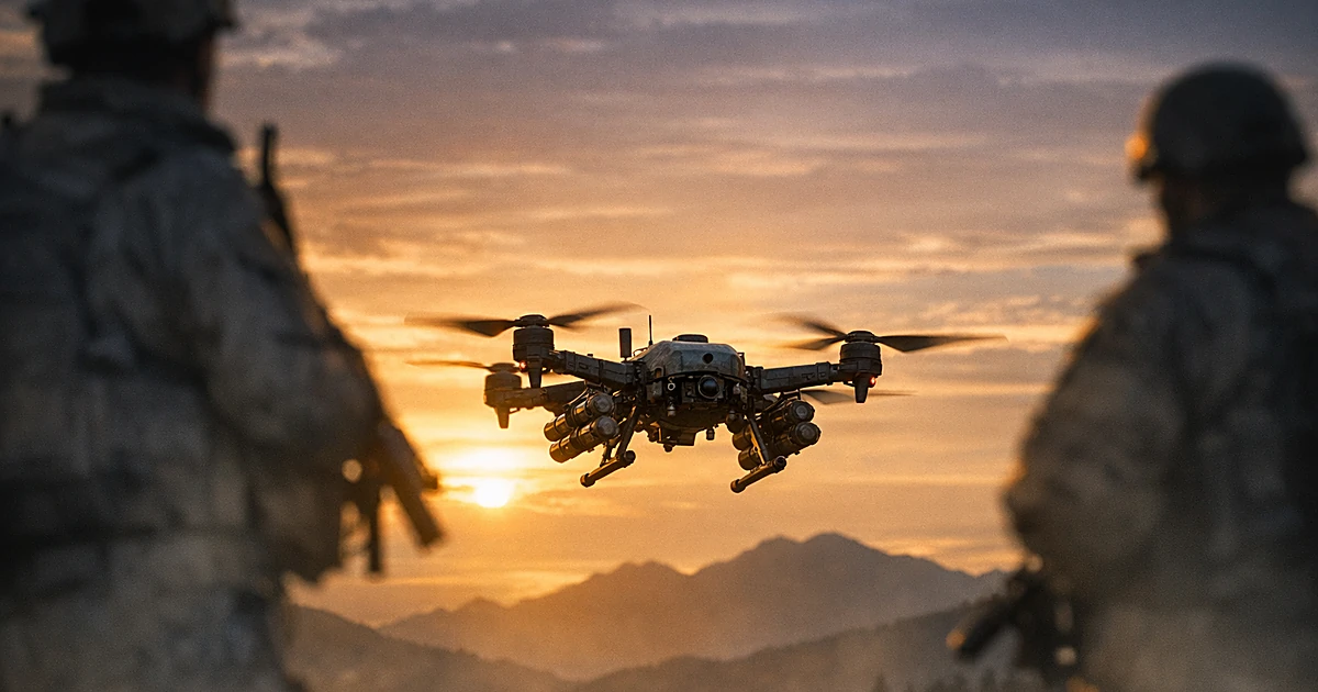 Military-style drone in flight against dusk sky with mountain silhouettes in background
