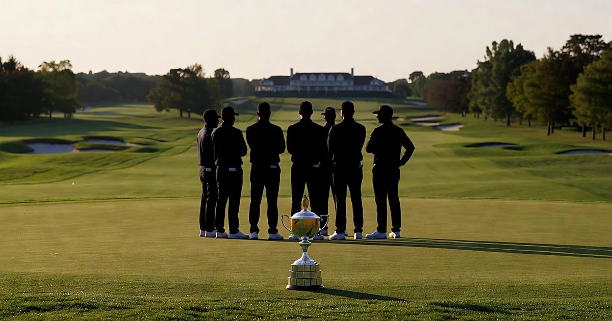 Golf trophy on green with silhouetted figures at sunset after championship victory