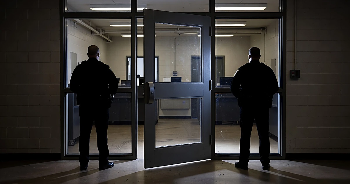 Federal courthouse booking station with security door and officer silhouettes in harsh institutional lighting