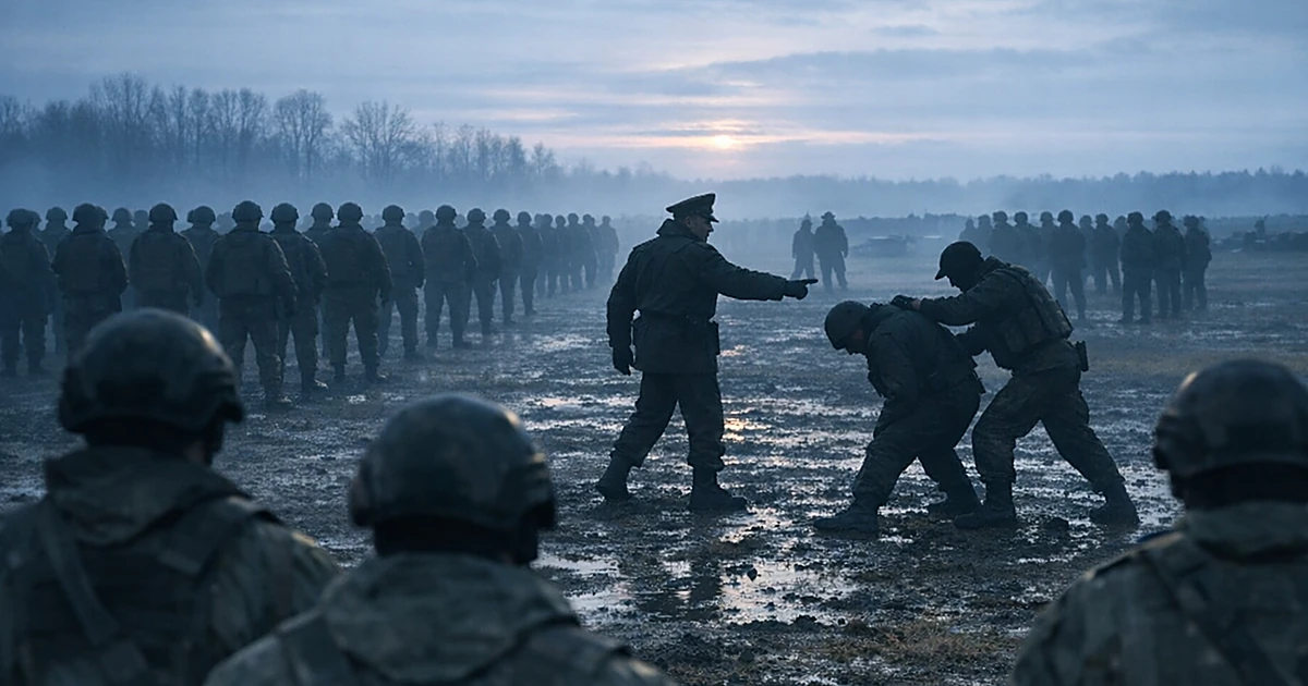 Russian military training ground with silhouetted soldiers in formation at dawn under overcast sky