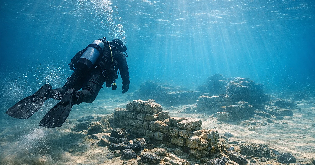 Silhouetted scuba diver swimming above medieval stone ruins on sandy seabed with light rays filtering through water