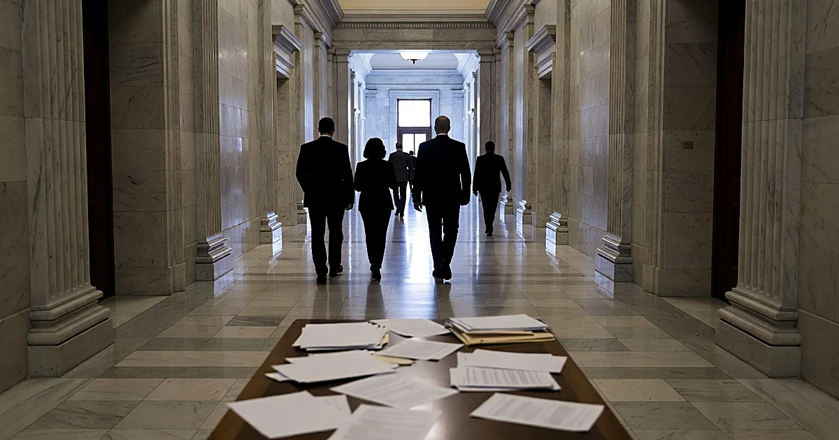 State capitol corridor with silhouetted figures walking away, scattered blank documents on table in foreground