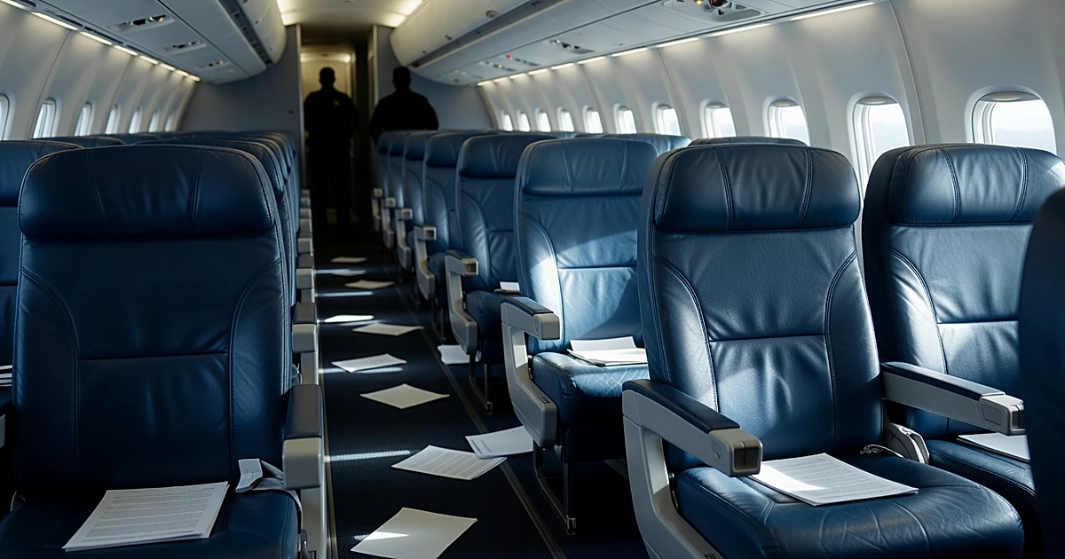 Empty press cabin interior of Air Force One with vacant leather seats and silhouetted figures in background