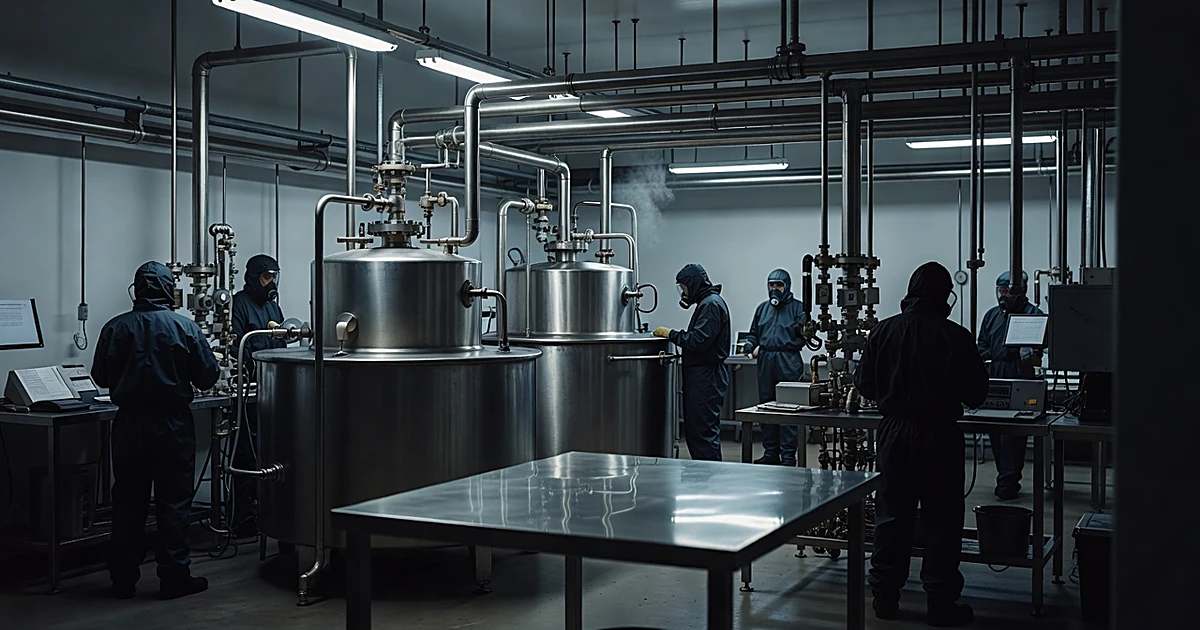 Industrial chemical manufacturing facility with stainless steel equipment and silhouetted workers in protective suits