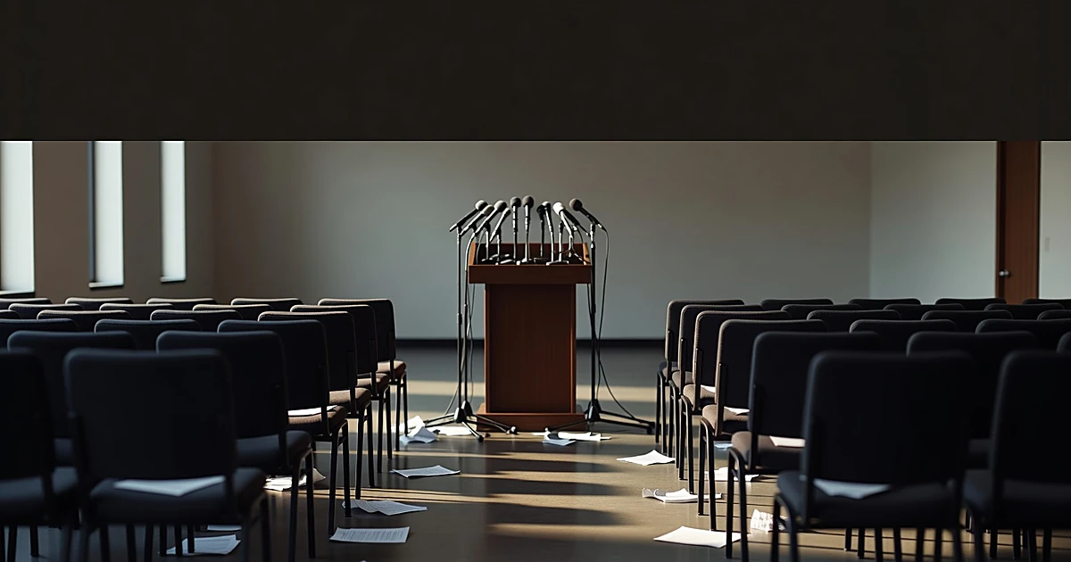 Empty press briefing room with microphones at podium and scattered papers on chairs