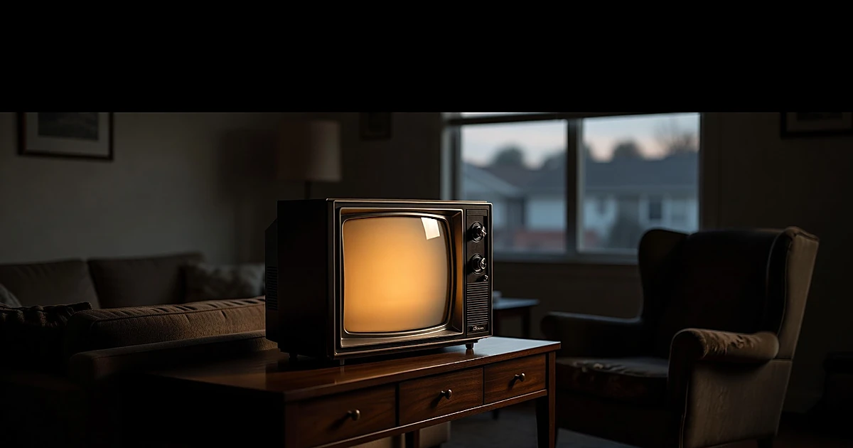Vintage 1950s television set glowing in a darkened mid-century living room with period furniture in background