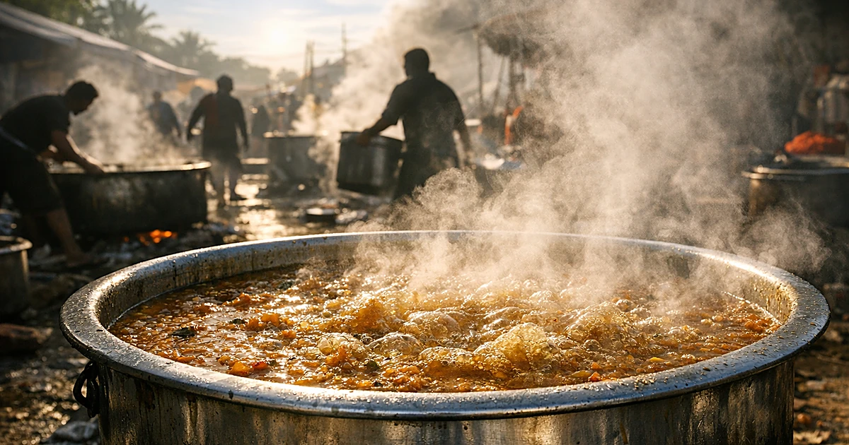Large steel pot of boiling lentil stew at outdoor festival food preparation area with steam rising and workers in background