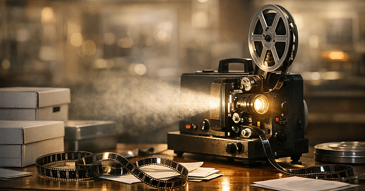Vintage film projector with reels turning on archival table surrounded by film strips and storage boxes