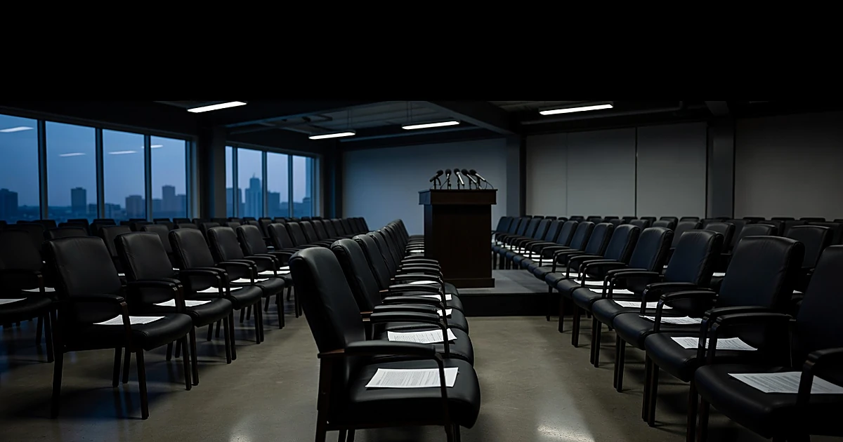 Empty White House press briefing room with scattered papers and abandoned podium at dusk