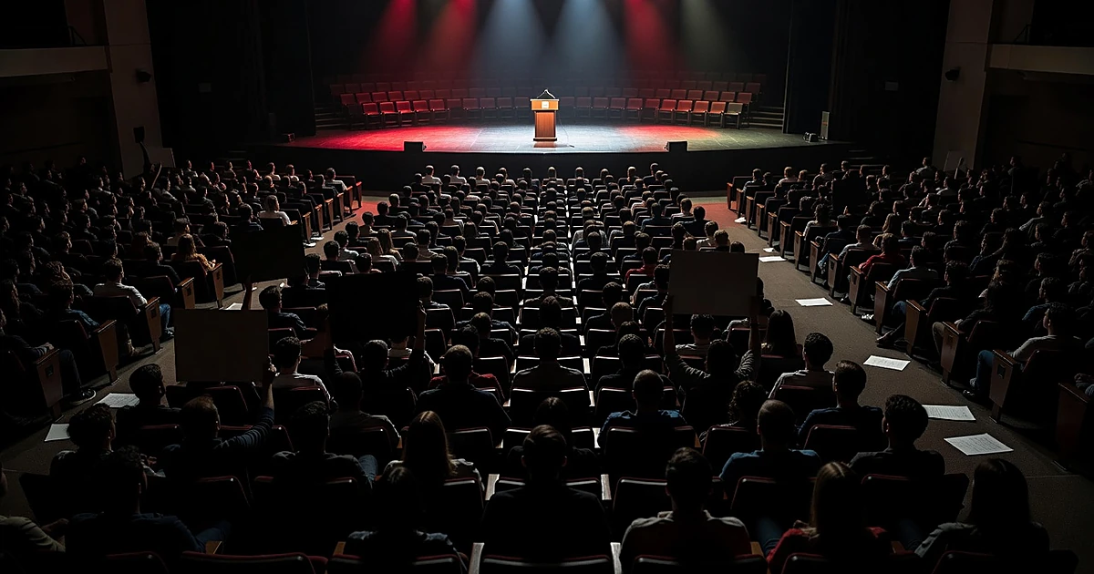 University auditorium filled with silhouetted crowd facing illuminated empty stage with podium and microphone