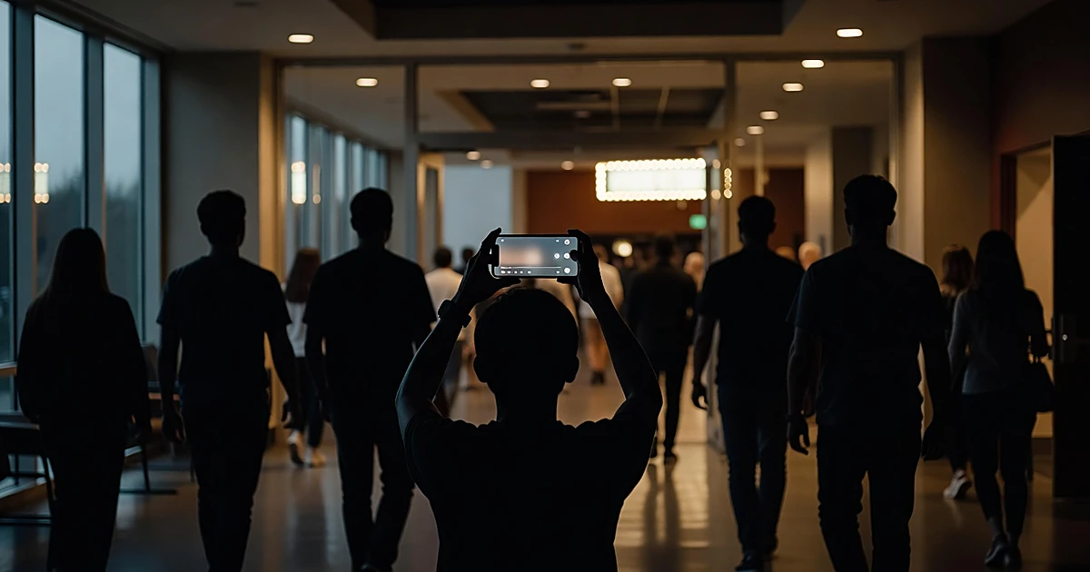 Silhouetted moviegoers entering theater lobby with smartphone showing video player in foreground at dusk